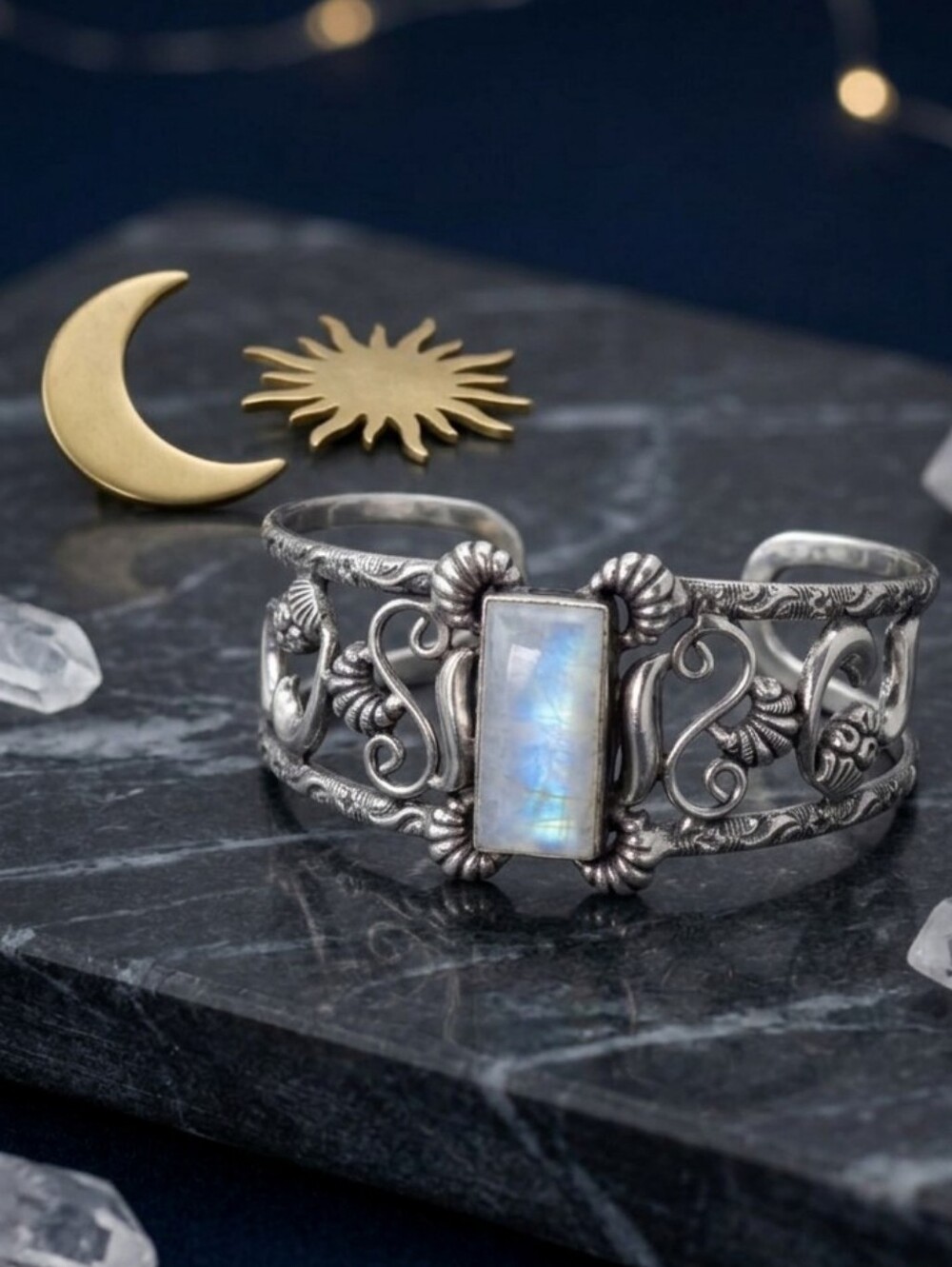 925 Sterling Silver Rainbow Moonstone Filigree Cuff Bracelet Iridescent Bohemian - Picture 13 of 15